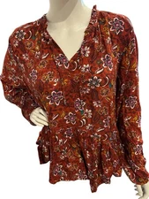 Time And Tru Women's Multicolor Floral Boho Long Sleeve V-Neck Blouse Size XL
