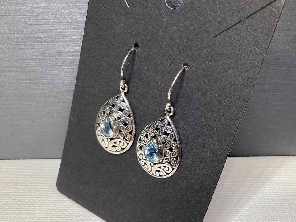 Sterling Silver 925 Filigree Blue Topaz Dangle Pierced Earrings Jewelry - Image 3 of 4