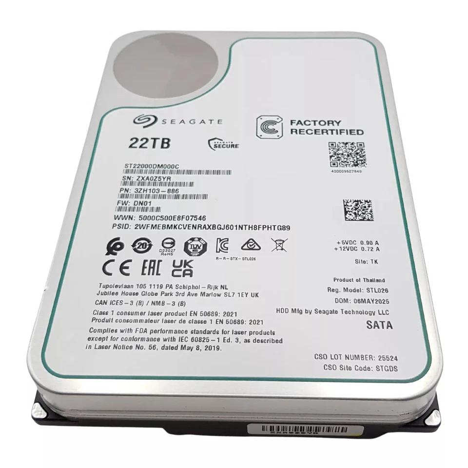 Seagate ST22000DM000C 22TB EXOS LFF 3.5in SATA-3 6G 7.2K 512MB HDD Under 10Hours - Image 3 of 3