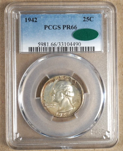 1942 PROOF WASHINGTON QUARTER PCGFS PR66 GREEN CAC STICKER 104490