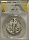 1918 D Walking Liberty Silver Half Dollar ANACS VG10