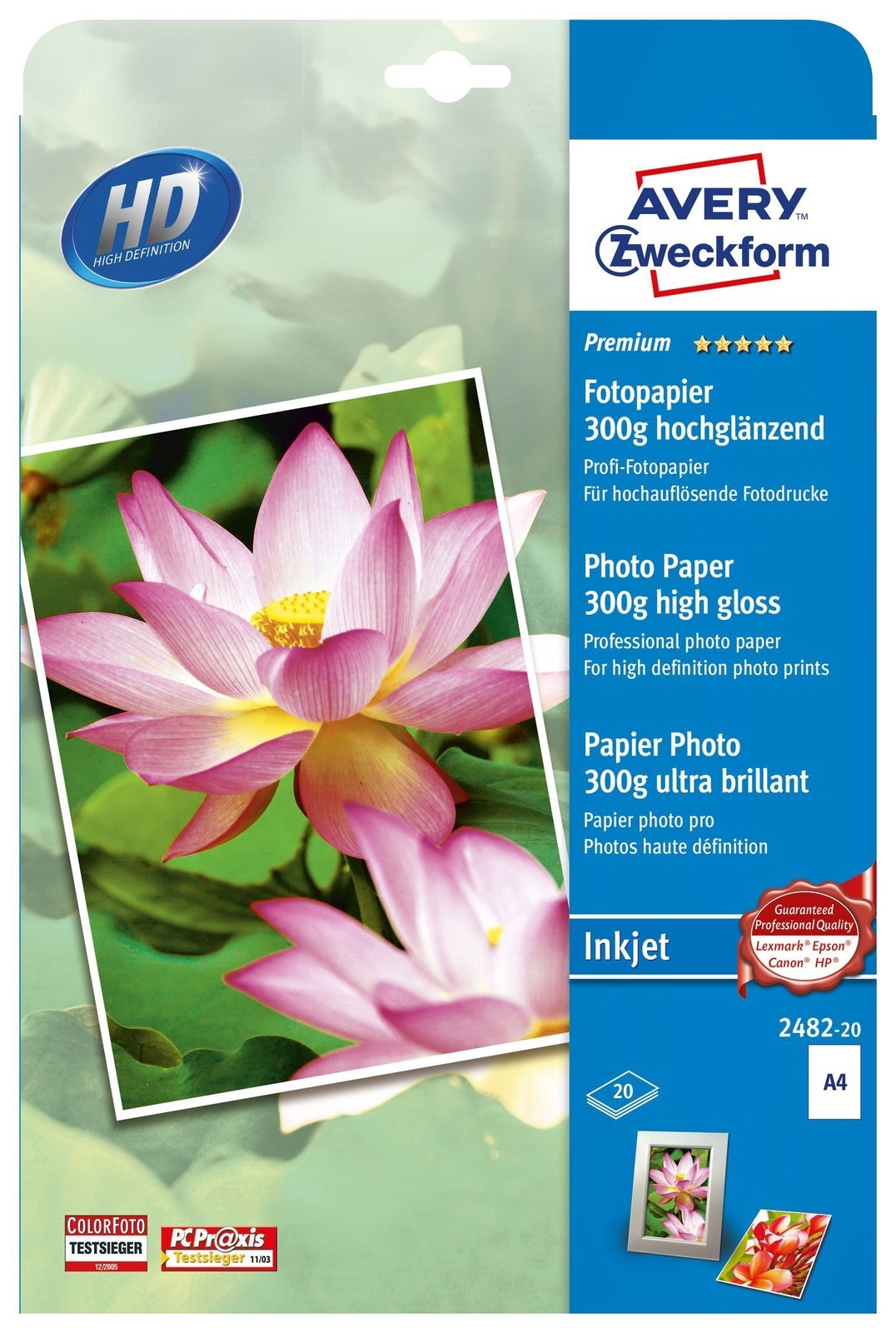 Струйная фотопленка Avery 2482-20 Премиум-класса формата DIN A4, 300 г/м2, 20 шт.