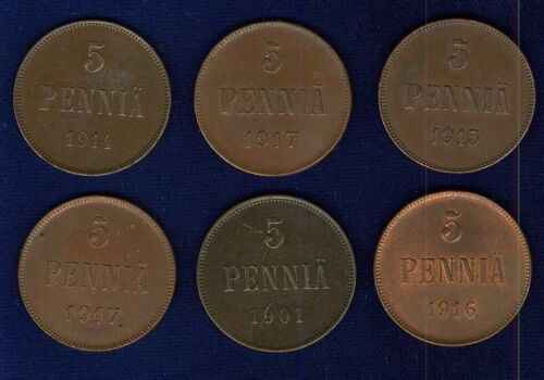 FINLAND (RUSSIAN OCCUPATION) 5 PENNIA COINS 1901, 1914, 1915, 1916, & 1917