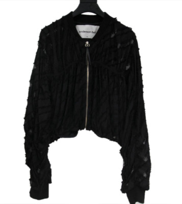 Anderson Bell Women Bomber Jacket Medium Black Semi Sheer Cropped Long Sleeve