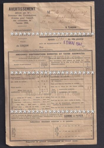1941 : LUCON (VENDEE) - AVERTISEMENT DES CONTRIBUTIONS DIRECTES - Photo 1/2