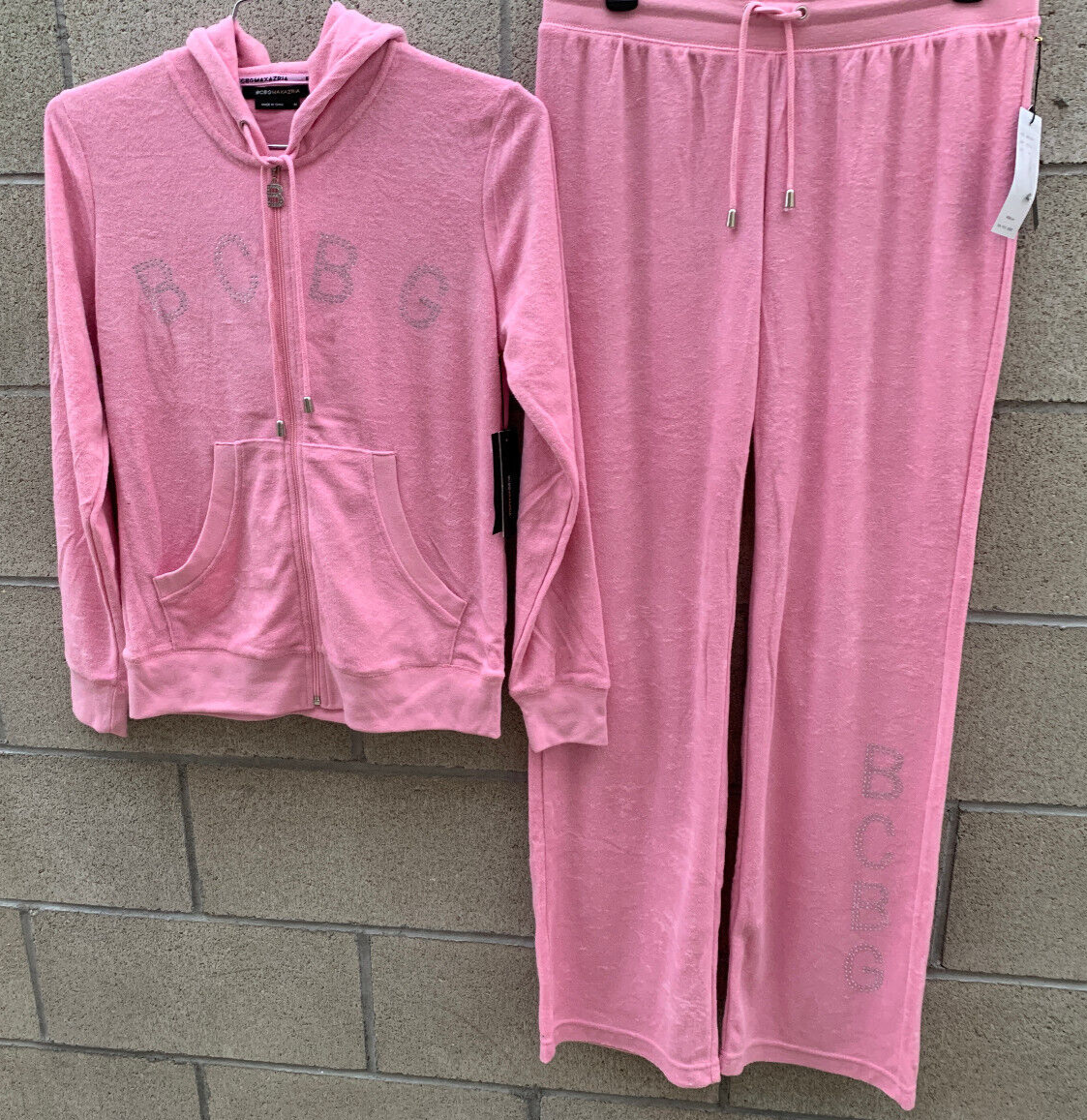BCBG Max Azria Terrycloth Pink Hoodie Sweat Suit Size XL $320