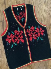 Vtg Over The Top Crazy Buzy Ugly Christmas Sweater Vest Poinsettias Gold XL