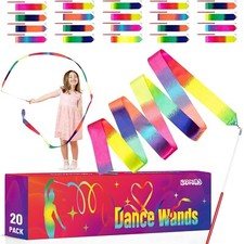 20 Pack Ribbon Dancer Wands for Kids, Rainbow Streamers, Party Favors Goodie ...