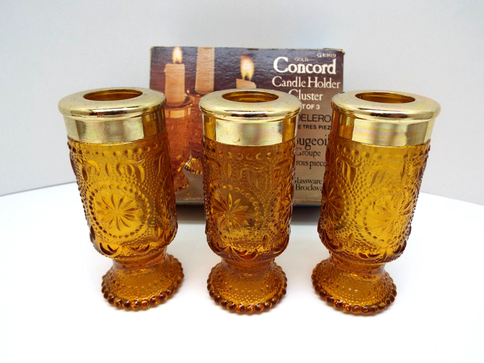 VINTAGE BROCKWAY CONCORD GOLD GLASS CANDLE HOLDERS CLUSTER OF 3   NEW IN BOX