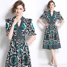Vintage Baroque Floral Print V Neck Short Sleeve Women Casual Party Midi Dresses