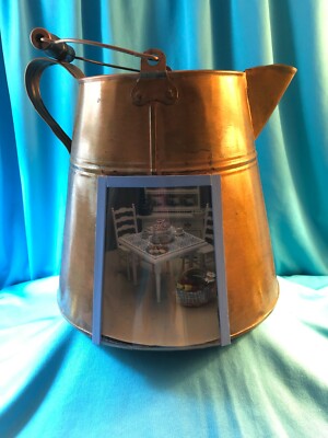 COPPER COFFEE POT WITH MINIATURE BLUE AND WHITE KITCHEN SCENE INSIDE