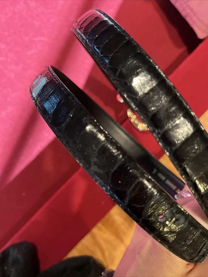 CINTURÓN NEGRO PIEL DE SERPIENTE Se Ajusta a 30-34” Cintura DORADO HEBILLA Brillante De Colección Mujer Diseñador L Foto 3 de 4