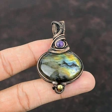 Labradorite Gemstone Jewelry Copper Gift For Bestie Wire Wrapped Pendant 2.44"