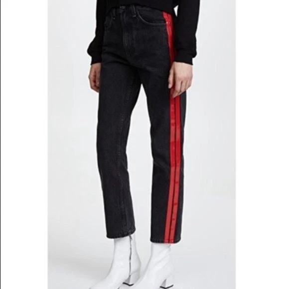Womens black jeans sales with red stripe