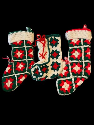Granny Square Christmas Stockings 11-15   VTG Hand Crocheted Lot of 3