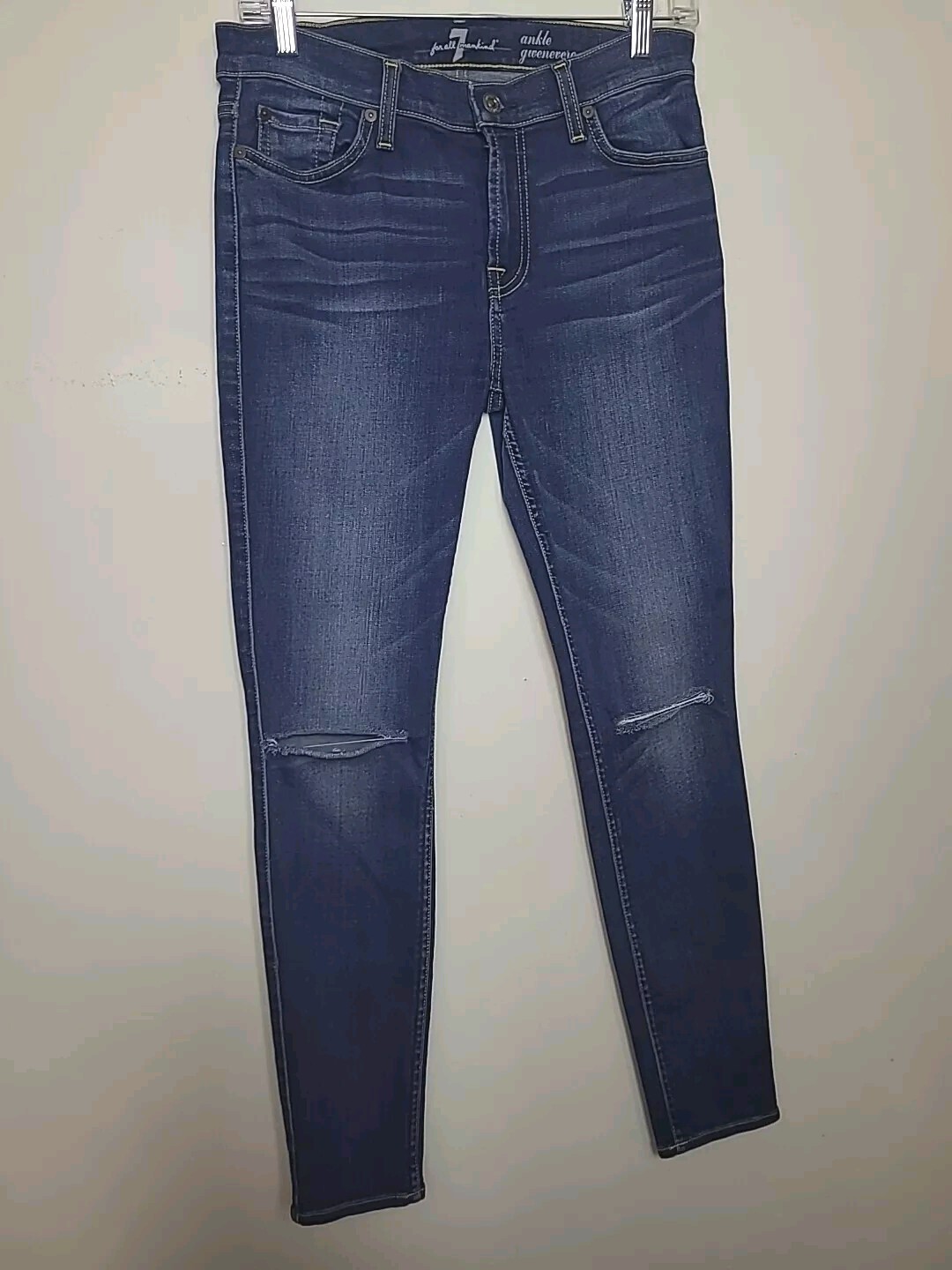 7 For All Mankind Ankle Gwenevere Skinny Jeans Dark Wash Blue Distressed 28