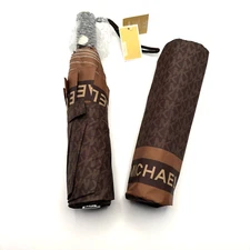 Michael Kors Automatic Open Travel Umbrella Signature Logo Print Brown NWT