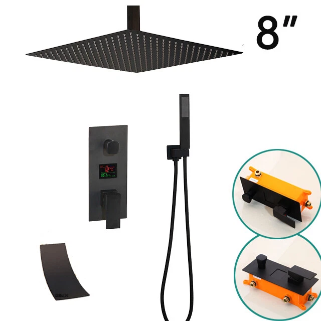 Ceiling Mount 8" Balck Shower Head Digital Mixer Valve Tub Spout Hand Shower Tap