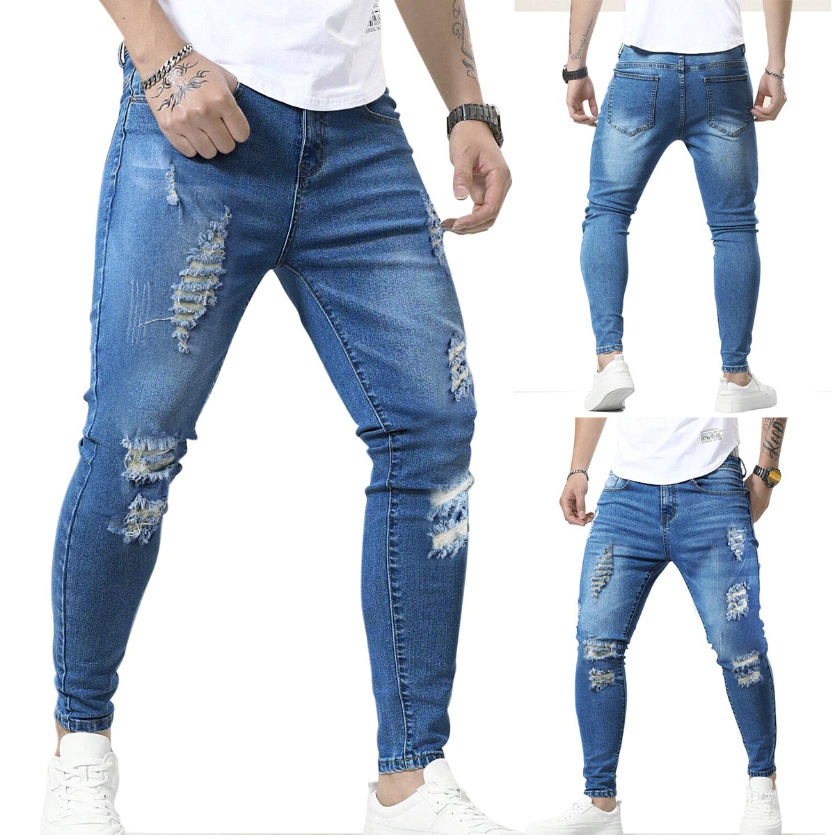 Men Super Comfy Skinny Stretch Tapered Leg Slim Fit Ripped Distressed  DenimJeans