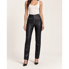 Black Faux Leather High Waisted Moto Pants Exposed Zipper Slim Straight Leg