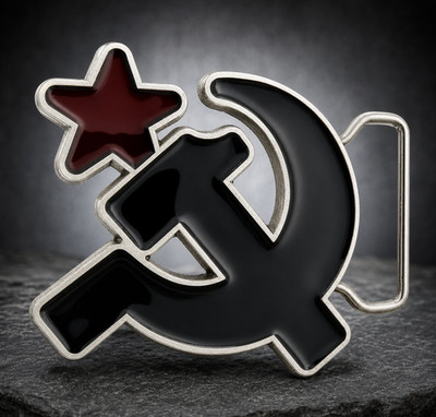 Soviet Hammer Sickle Red Star Belt Buckle Black Enamel Antique Silver Tone
