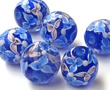 10pcs exquisite handmade Lampwork glass beads flower on blue round 14mm