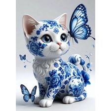Diamond Painting Kit for Adults 5D DIY Blue and White Porcelain cat and Butterfl