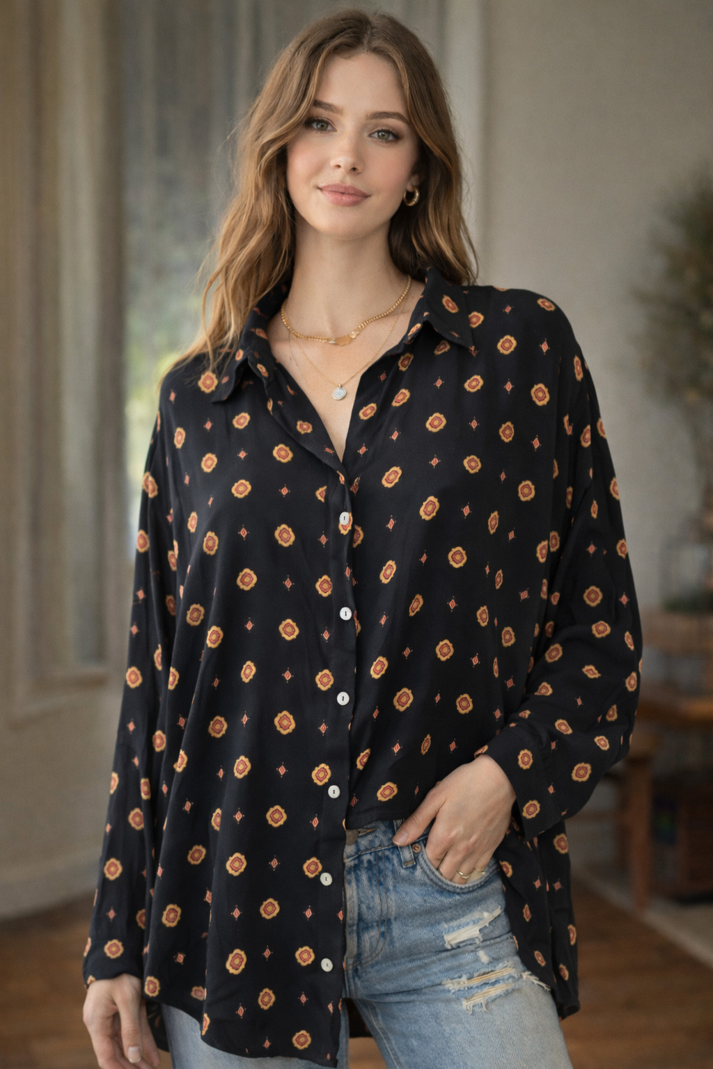 Oversized Flowy Button Down Blouse Black Geometri… - image 1