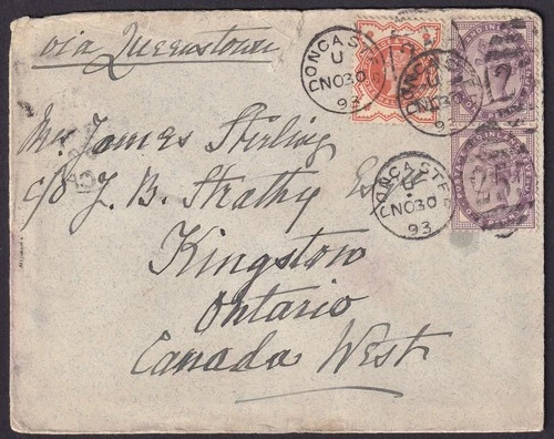 GB 1893 QV Cover mixed franking Doncaster to Kingston Canada