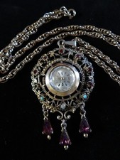 Vintage Watch 17 Jewels Rhinestones Pendant Necklace Gold Tone with chain