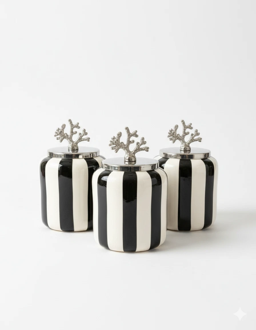 Black and White Striped Ceramic Canister Set with Silver Coral Lids - Set of 3