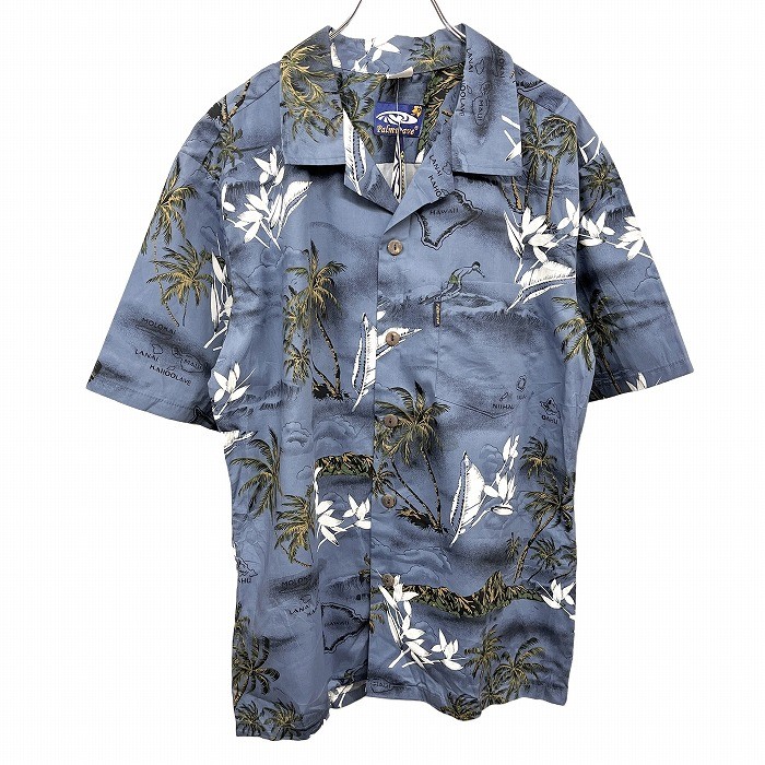 Aloha Shirt Men's Navy Cotton Open Collar Hibiscus Palm Tree Design