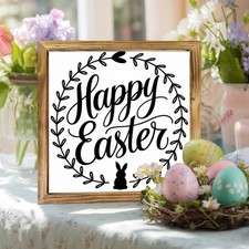2D Happy Easter Wooden Framed Sign with Bunny  Egg 8x8 Inch for Tabletop Easter