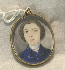 19th C Well Done Signed Miniature Portrait of Lady in Blue Phillips Auction