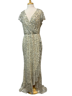 Mac Duggal Silver Sequined Evening Dress V-Wrap Flutter Sleeves & Leg Split, 14