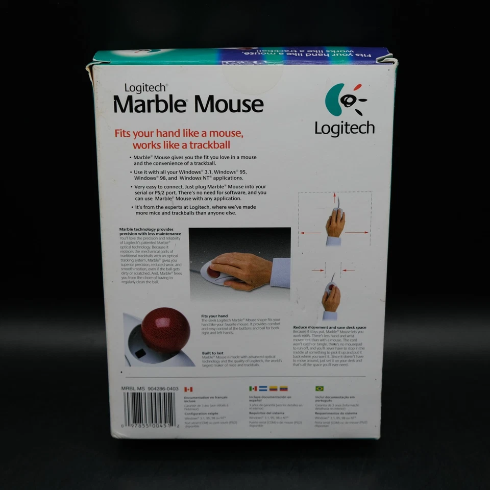 NEW Logitech Marble Mouse 904286-0403 Windows 98 PS2 Wired FACTORY SEALED - Image 2 of 4