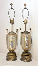 Pair Of Large Antique Moser Bronze Mounted Cut To Clear Gilt Glass Table Lamps
