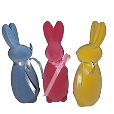 Flocked Easter Bunny Figurines Pastel Colors Ribbon Tabletop Decor Set of 3