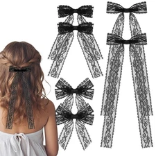 6 Pcs Lace Hair Bow Clips with Long Tail Ribbons Black Lace Tulle Bows for Wo...