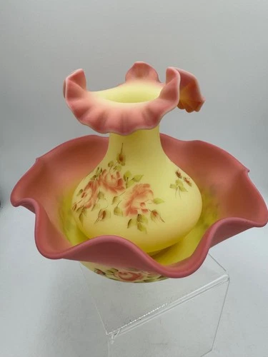 Fenton Hand Painted Satin Custard Glass Rose Bowl & Vase Set Ruffled Pink New