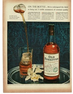 1956 Old Forester Bourbon Whisky on silver tray with white orchid Print Ad