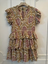 Elan Women's Gold & Pink Short Ruffle V-Neck Dress Size M