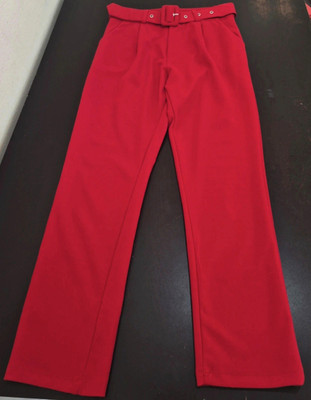 boohoo Women's Red Solid Flat Front Dress Pants Belted Buckle Hook & Eye