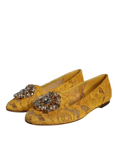 Dolce & Gabbana Mostaza Encaje Cristal Manoletinas Planas Mocasines Mujer* - Imagen 3 de 6