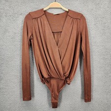 Intimately Free People Brown Long Sleeve Plunging Neckline Ruched Bodysuit XS