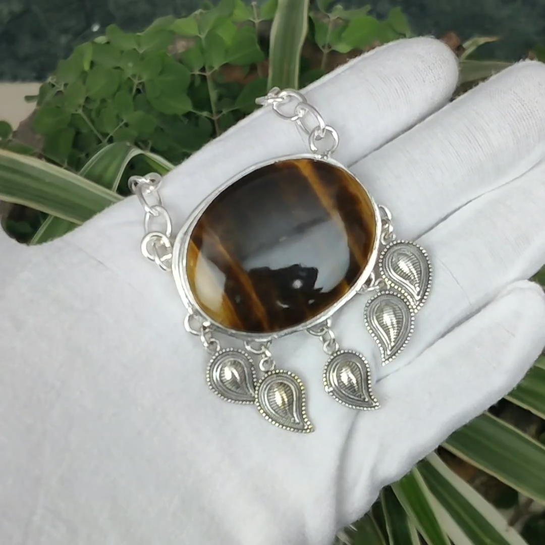 Natural TigerS Eye Gemstone 925 Silver Chain Adjustable Necklace