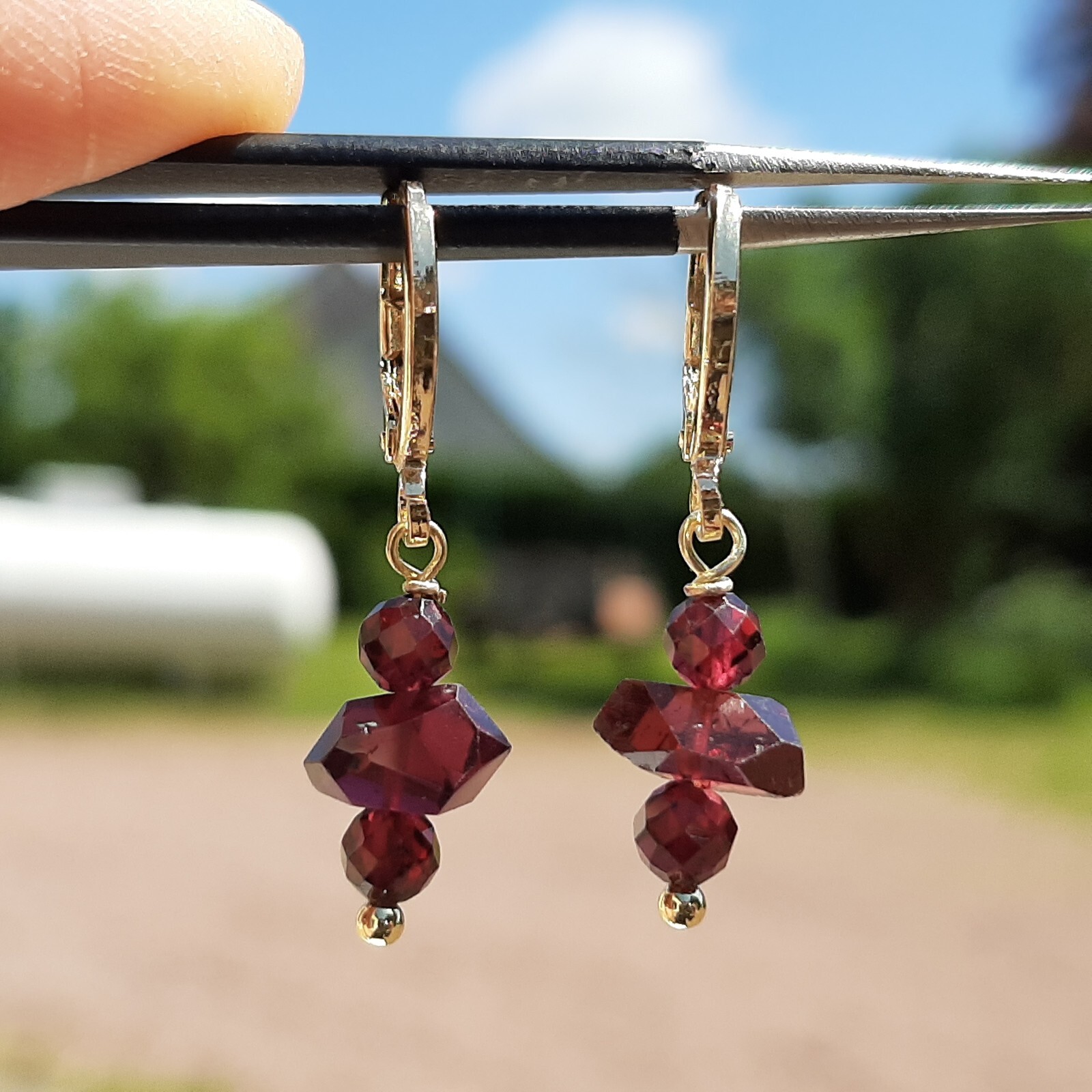 Boucles d'oreilles grenat rouge naturel plaqué or 14k, bijoux dormeuses pour femme
