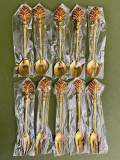 5 Peacock Enameled Handle Gold Plated Textured Tea Spoon & Fork Sets 5'' NIP