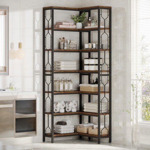 7-Tier Industrial Corner Bookshelf, Wood and Metal Corner Etagere Bookcase - Picture 9 of 12