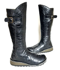 Ladies FLY LONDON MOL 2 Patent leather Low Wedge Knee boots Size UK 4 Great Cond